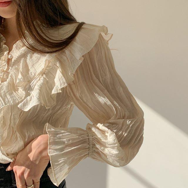 シャツ ブラウス レディース 長袖 オフィス Vネック フリル フレア 立ち襟 おしゃれ 上品 薄手 ベージュ 黒 無地 大きいサイズ 春 夏 秋 冬 20代 30代 40代 | ブランド登録なし | 06