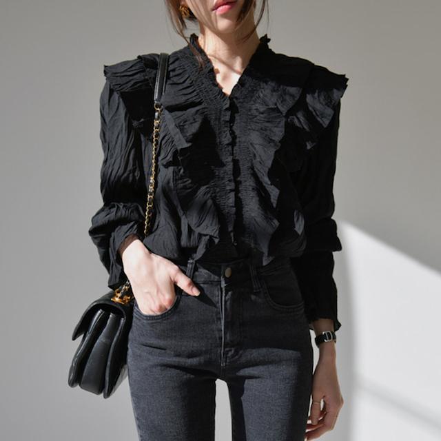 シャツ ブラウス レディース 長袖 オフィス Vネック フリル フレア 立ち襟 おしゃれ 上品 薄手 ベージュ 黒 無地 大きいサイズ 春 夏 秋 冬 20代 30代 40代 | ブランド登録なし | 07