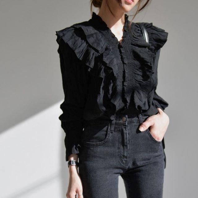 シャツ ブラウス レディース 長袖 オフィス Vネック フリル フレア 立ち襟 おしゃれ 上品 薄手 ベージュ 黒 無地 大きいサイズ 春 夏 秋 冬 20代 30代 40代 | ブランド登録なし | 08