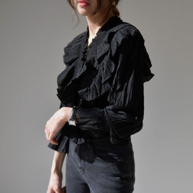 シャツ ブラウス レディース 長袖 オフィス Vネック フリル フレア 立ち襟 おしゃれ 上品 薄手 ベージュ 黒 無地 大きいサイズ 春 夏 秋 冬 20代 30代 40代 | ブランド登録なし | 09