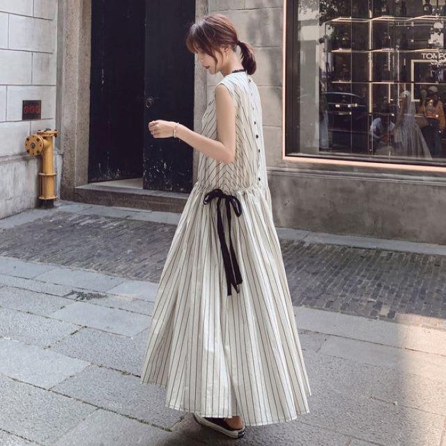 ロングワンピース 夏 40代 レディース 大きいサイズ サマードレス リゾート マキシ丈 ノースリーブ Aライン 体型カバー ストライプ おしゃれの画像