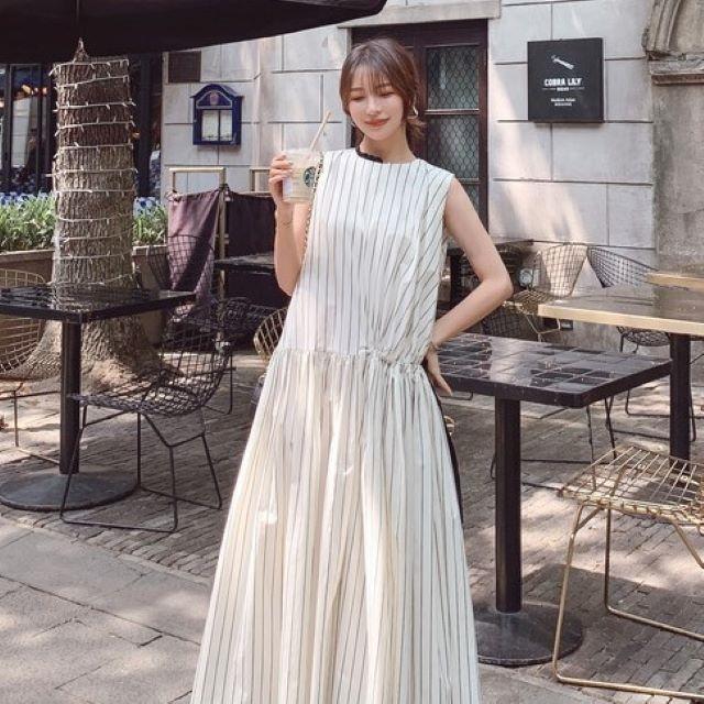 ロングワンピース 夏 40代 レディース 大きいサイズ サマードレス リゾート マキシ丈 ノースリーブ Aライン 体型カバー ストライプ おしゃれの画像
