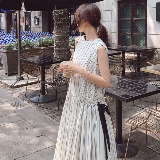 ロングワンピース 夏 40代 レディース 大きいサイズ サマードレス リゾート マキシ丈 ノースリーブ Aライン 体型カバー ストライプ おしゃれの画像
