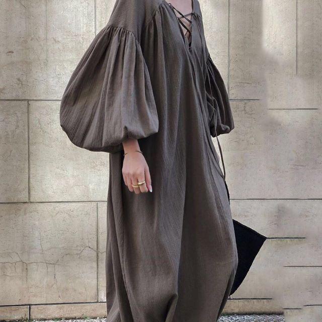 ロングワンピース レディース 夏 きれいめ カジュアル 長袖 コットン マキシ aライン Vネック 大きいサイズ 20代 30代 40代 50代 | ブランド登録なし | 02