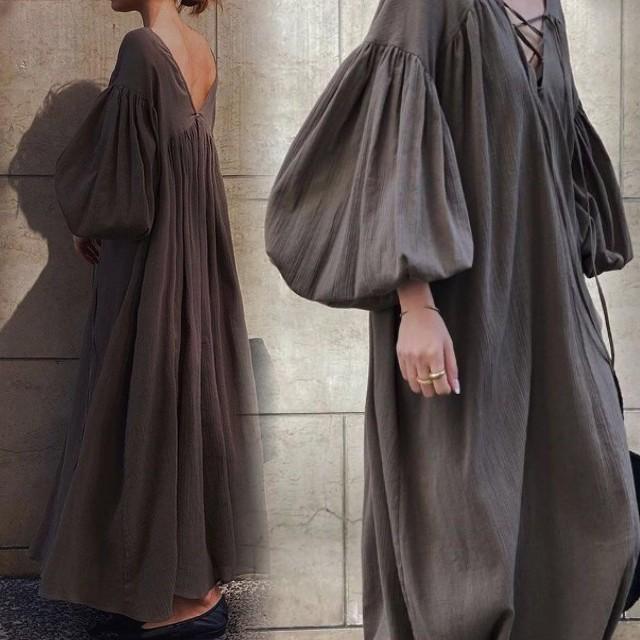 ロングワンピース レディース 夏 きれいめ カジュアル 長袖 コットン マキシ aライン Vネック 大きいサイズ 20代 30代 40代 50代 | ブランド登録なし | 04