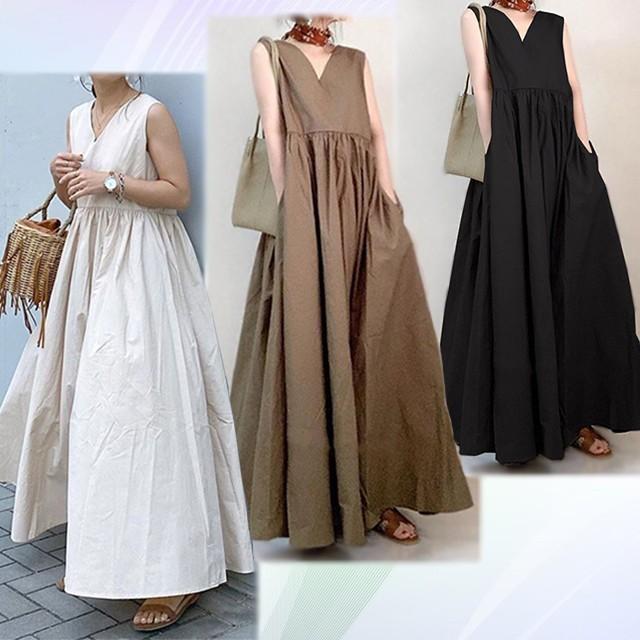 ワンピース レディース 40代 50代 夏 ロング 2way マキシ丈 Vネック 無地 ノースリーブ コットン Aライン ゆったり きれいめ 韓国風 | ブランド登録なし | 04