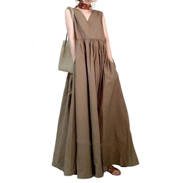 ワンピース レディース 40代 50代 夏 ロング 2way マキシ丈 Vネック 無地 ノースリーブ コットン Aライン ゆったり きれいめ 韓国風 | ブランド登録なし | 13