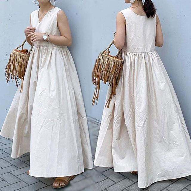 ワンピース レディース 40代 50代 夏 ロング 2way マキシ丈 Vネック 無地 ノースリーブ コットン Aライン ゆったり きれいめ 韓国風 | ブランド登録なし | 06