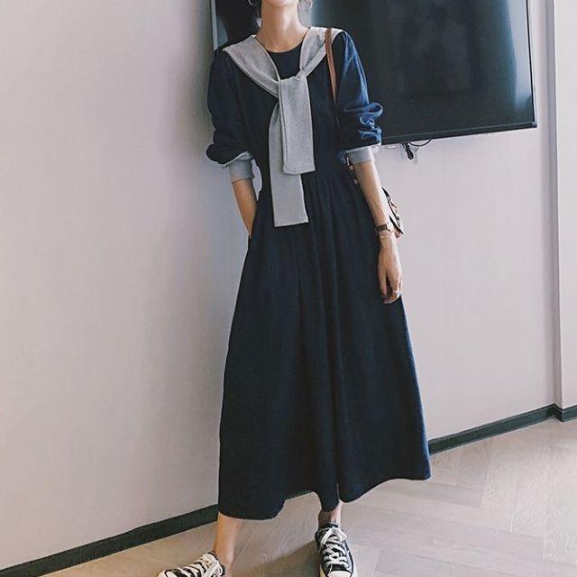 デニムワンピース レディース 40代 ロング マキシ チュニック 長袖 ゆったり 大きいサイズ 体型カバー セーラーカラー 異素材 韓国風 | ブランド登録なし | 02