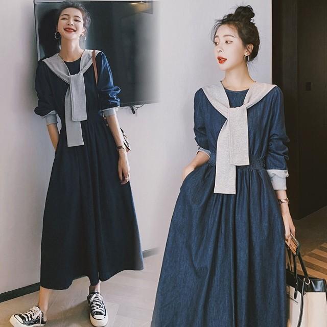 デニムワンピース レディース 40代 ロング マキシ チュニック 長袖 ゆったり 大きいサイズ 体型カバー セーラーカラー 異素材 韓国風 | ブランド登録なし | 11