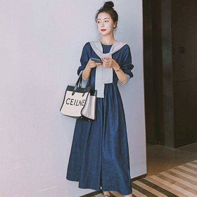 デニムワンピース レディース 40代 ロング マキシ チュニック 長袖 ゆったり 大きいサイズ 体型カバー セーラーカラー 異素材 韓国風 | ブランド登録なし | 12