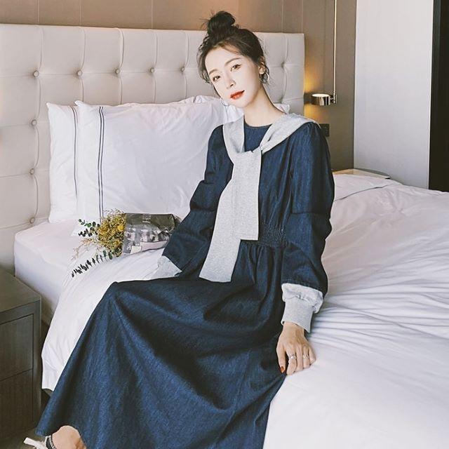 デニムワンピース レディース 40代 ロング マキシ チュニック 長袖 ゆったり 大きいサイズ 体型カバー セーラーカラー 異素材 韓国風 | ブランド登録なし | 13