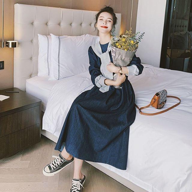 デニムワンピース レディース 40代 ロング マキシ チュニック 長袖 ゆったり 大きいサイズ 体型カバー セーラーカラー 異素材 韓国風 | ブランド登録なし | 14