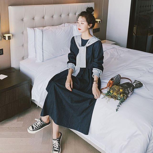 デニムワンピース レディース 40代 ロング マキシ チュニック 長袖 ゆったり 大きいサイズ 体型カバー セーラーカラー 異素材 韓国風 | ブランド登録なし | 15