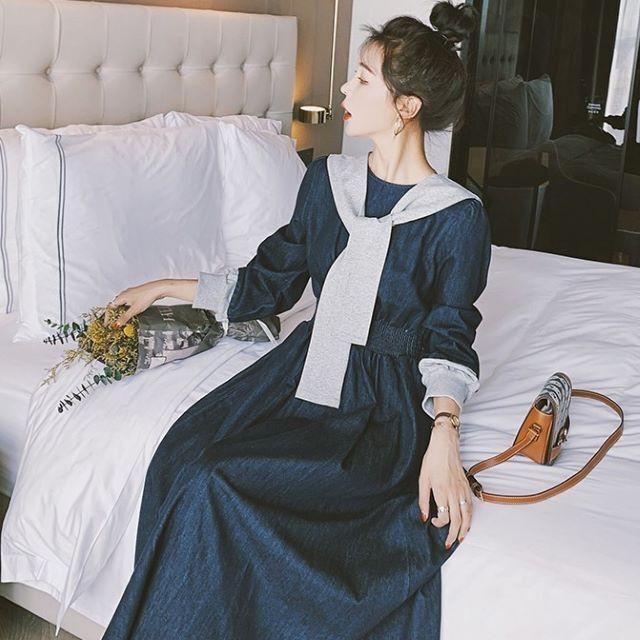 デニムワンピース レディース 40代 ロング マキシ チュニック 長袖 ゆったり 大きいサイズ 体型カバー セーラーカラー 異素材 韓国風 | ブランド登録なし | 16