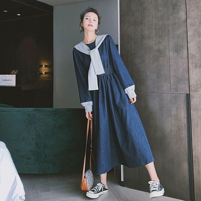 デニムワンピース レディース 40代 ロング マキシ チュニック 長袖 ゆったり 大きいサイズ 体型カバー セーラーカラー 異素材 韓国風 | ブランド登録なし | 18
