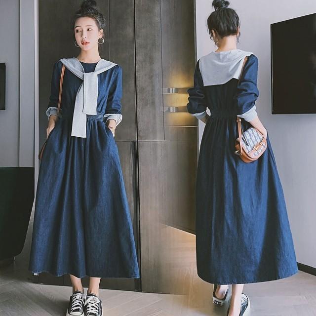 デニムワンピース レディース 40代 ロング マキシ チュニック 長袖 ゆったり 大きいサイズ 体型カバー セーラーカラー 異素材 韓国風 | ブランド登録なし | 19