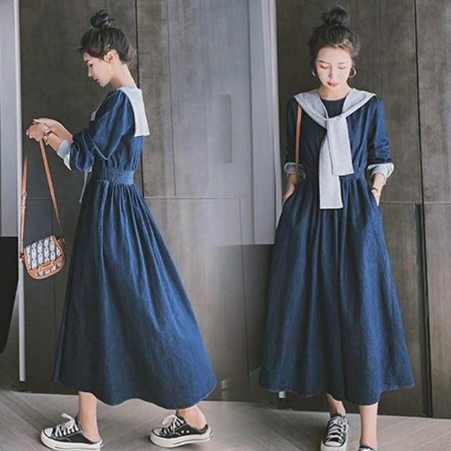 デニムワンピース レディース 40代 ロング マキシ チュニック 長袖 ゆったり 大きいサイズ 体型カバー セーラーカラー 異素材 韓国風 | ブランド登録なし | 20