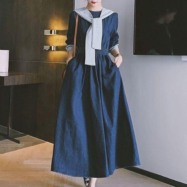 デニムワンピース レディース 40代 ロング マキシ チュニック 長袖 ゆったり 大きいサイズ 体型カバー セーラーカラー 異素材 韓国風 | ブランド登録なし | 03
