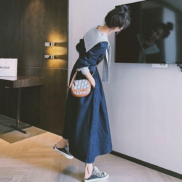 デニムワンピース レディース 40代 ロング マキシ チュニック 長袖 ゆったり 大きいサイズ 体型カバー セーラーカラー 異素材 韓国風 | ブランド登録なし | 04