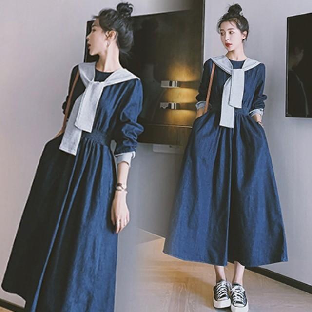 デニムワンピース レディース 40代 ロング マキシ チュニック 長袖 ゆったり 大きいサイズ 体型カバー セーラーカラー 異素材 韓国風 | ブランド登録なし | 05