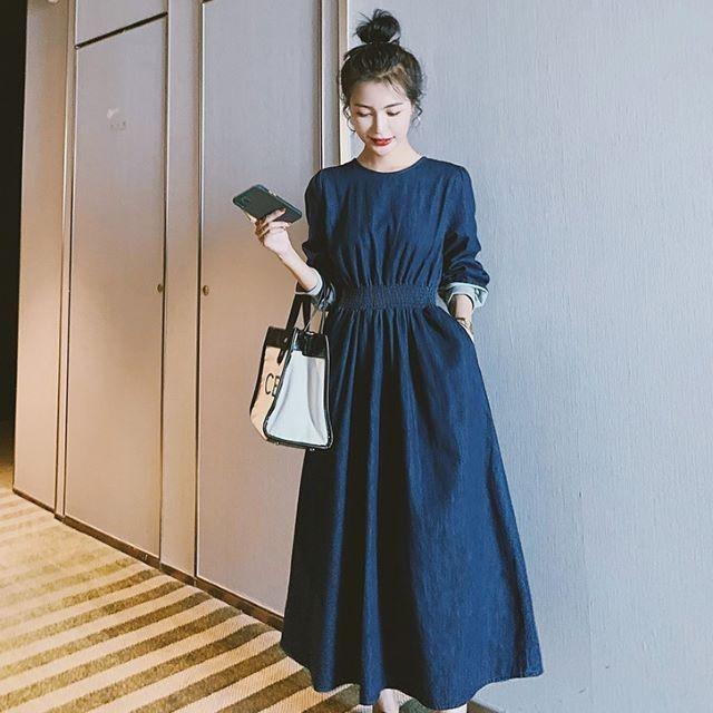 デニムワンピース レディース 40代 ロング マキシ チュニック 長袖 ゆったり 大きいサイズ 体型カバー セーラーカラー 異素材 韓国風 | ブランド登録なし | 06