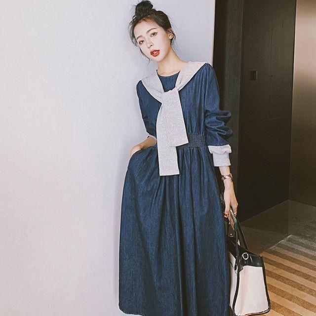 デニムワンピース レディース 40代 ロング マキシ チュニック 長袖 ゆったり 大きいサイズ 体型カバー セーラーカラー 異素材 韓国風 | ブランド登録なし | 08
