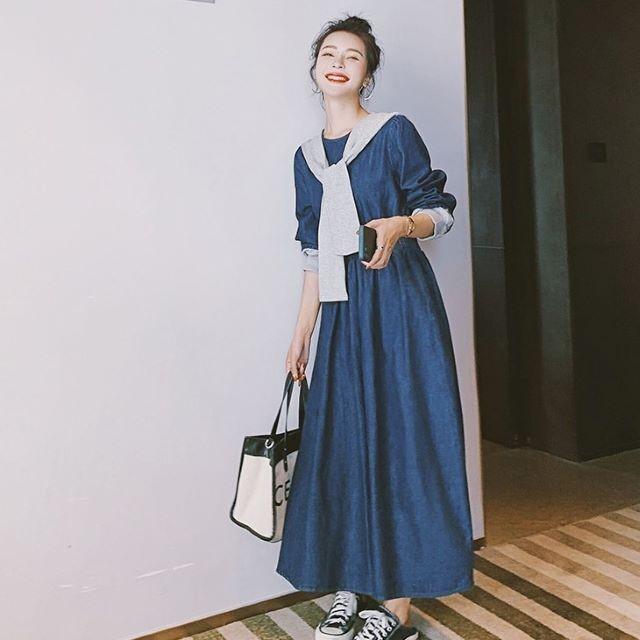 デニムワンピース レディース 40代 ロング マキシ チュニック 長袖 ゆったり 大きいサイズ 体型カバー セーラーカラー 異素材 韓国風 | ブランド登録なし | 09