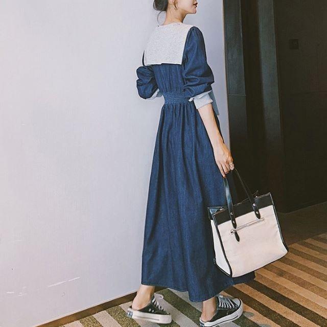 デニムワンピース レディース 40代 ロング マキシ チュニック 長袖 ゆったり 大きいサイズ 体型カバー セーラーカラー 異素材 韓国風 | ブランド登録なし | 10