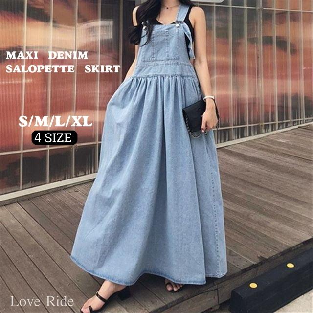 デニムサロペット オーバーオール レディース ロングワンピース マキシ ジャンパースカート ポケット付き ゆったり 体型カバー 着痩せ | ブランド登録なし
