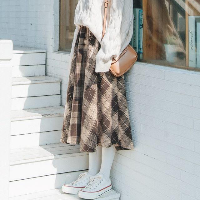 ロングスカート レディース ミモレ丈 膝下 秋冬 チェック柄 ウール