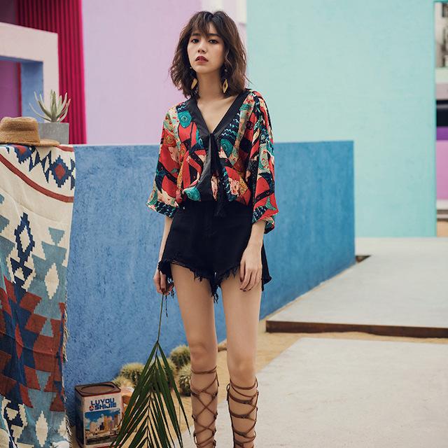 シャツ ブラウス レディース 春 夏 Vネック 七分袖 ゆったり トップス ボタニカル柄 総柄 派手 カラフル おしゃれ 20代 30代 40代 | ブランド登録なし | 13