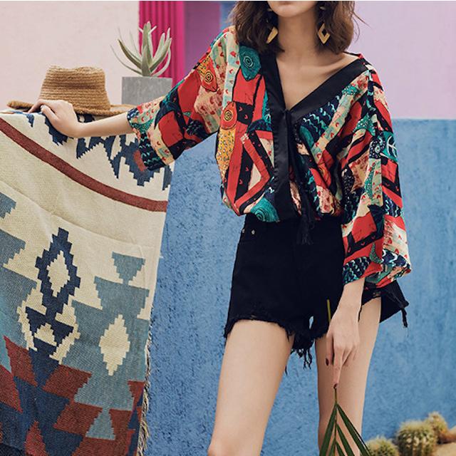 シャツ ブラウス レディース 春 夏 Vネック 七分袖 ゆったり トップス ボタニカル柄 総柄 派手 カラフル おしゃれ 20代 30代 40代 | ブランド登録なし | 03