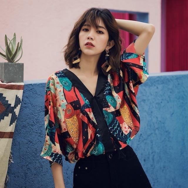 シャツ ブラウス レディース 春 夏 Vネック 七分袖 ゆったり トップス ボタニカル柄 総柄 派手 カラフル おしゃれ 20代 30代 40代 | ブランド登録なし | 04