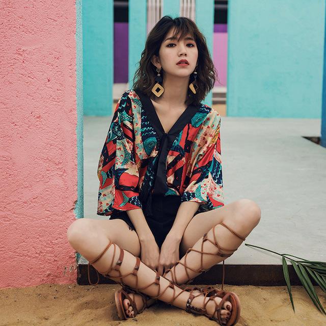 シャツ ブラウス レディース 春 夏 Vネック 七分袖 ゆったり トップス ボタニカル柄 総柄 派手 カラフル おしゃれ 20代 30代 40代 | ブランド登録なし | 05