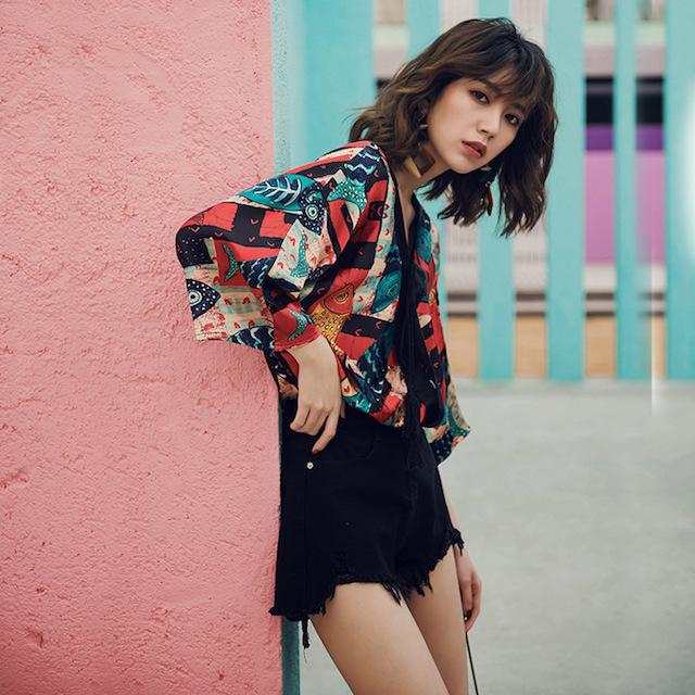 シャツ ブラウス レディース 春 夏 Vネック 七分袖 ゆったり トップス ボタニカル柄 総柄 派手 カラフル おしゃれ 20代 30代 40代 | ブランド登録なし | 07