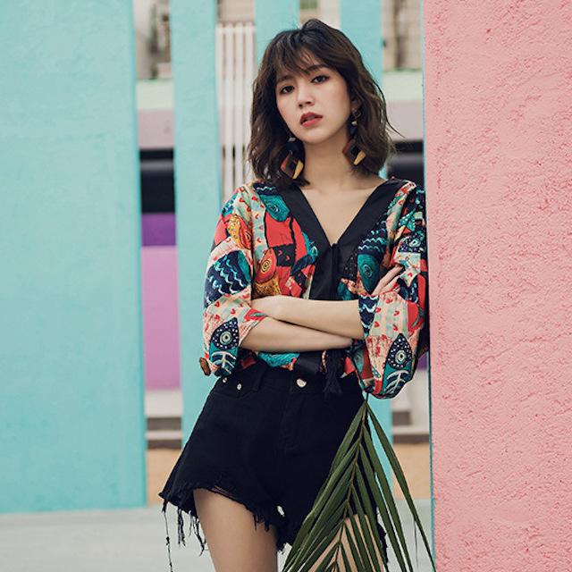 シャツ ブラウス レディース 春 夏 Vネック 七分袖 ゆったり トップス ボタニカル柄 総柄 派手 カラフル おしゃれ 20代 30代 40代 | ブランド登録なし | 08