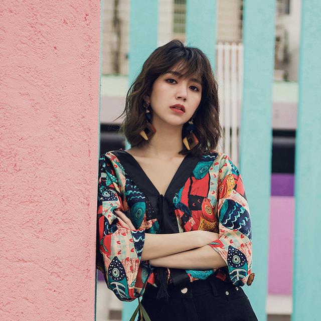 シャツ ブラウス レディース 春 夏 Vネック 七分袖 ゆったり トップス ボタニカル柄 総柄 派手 カラフル おしゃれ 20代 30代 40代 | ブランド登録なし | 09