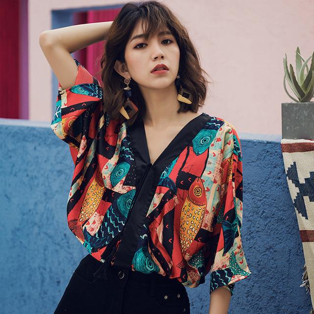 シャツ ブラウス レディース 春 夏 Vネック 七分袖 ゆったり トップス ボタニカル柄 総柄 派手 カラフル おしゃれ 20代 30代 40代 | ブランド登録なし | 10