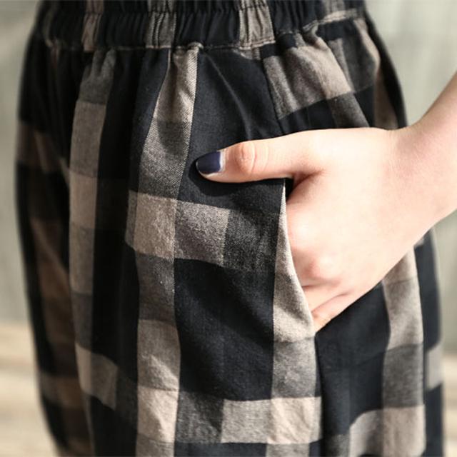 サルエルパンツ レディース ロング 春 夏 秋 黒 ボトムス ウエストゴム ゆったり 大きいサイズ チェック柄 コットン リネン | ブランド登録なし | 09