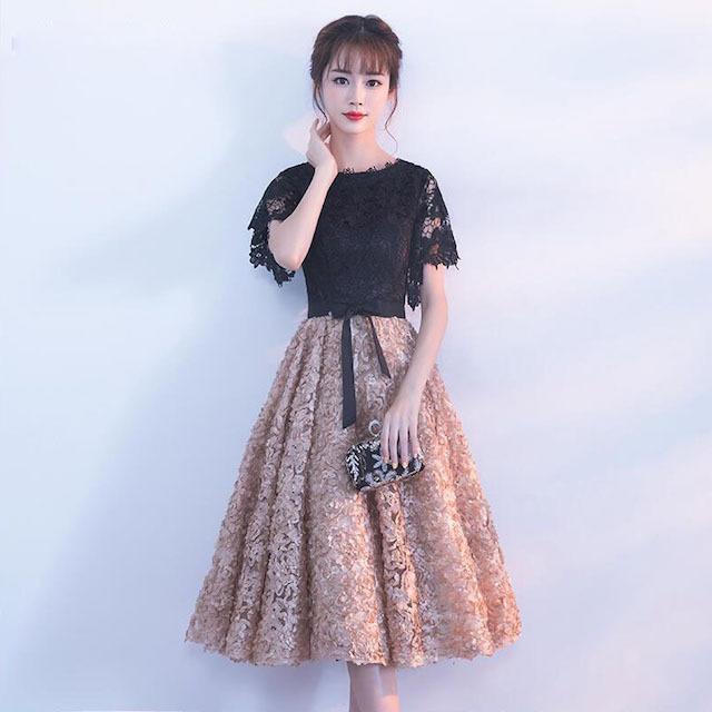 パーティドレス 結婚式 レディース 20代 30代 半袖 花柄 刺繍 レース ひざ丈 大きいサイズ Aライン 春 夏 秋 冬 きれいめ