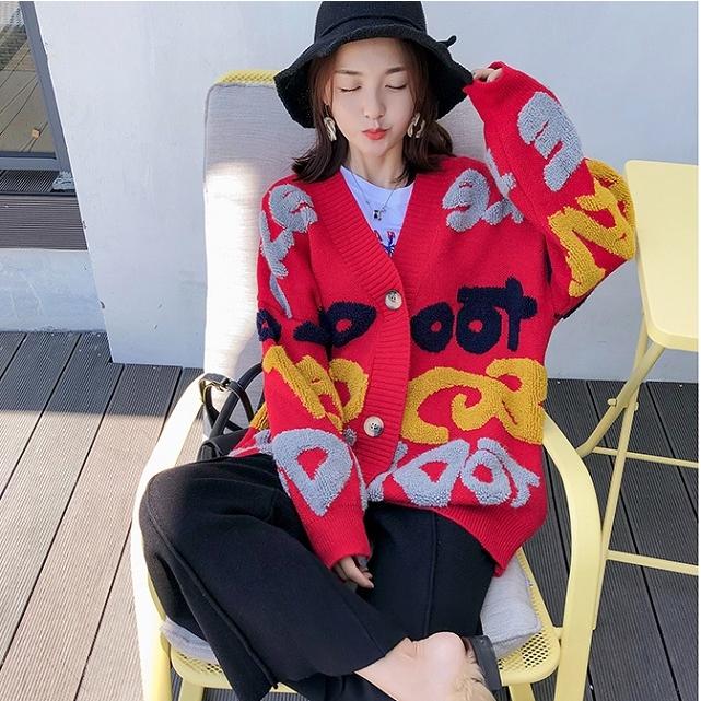 カーディガン レディース 10代20代30代40代 アウター コーディガン BIGロゴ もこもこ 羽織 防寒 厚手 柄物 大きめ ゆったり 通勤 カジュアル 秋冬 | ブランド登録なし | 09