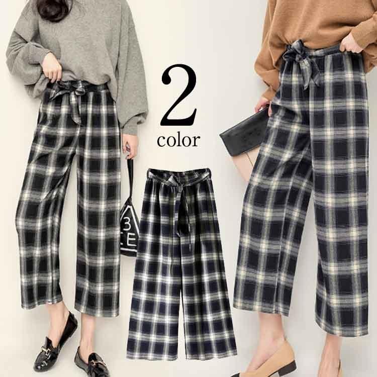 ワイドパンツ レディース チェック柄パンツ ロング丈パンツ 春 夏 ベルト付け ボトムス 3色 ゆったり ガウチョパンツ 新作 Cttt Lovers 通販 Yahoo ショッピング