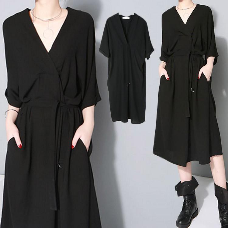 ワンピース レディース ロングワンピース 春秋 19 黒ワンピース ベルト付き Vネック きれいめ膝丈ワンピース上品 長袖 Cttt1303 Lovers 通販 Yahoo ショッピング