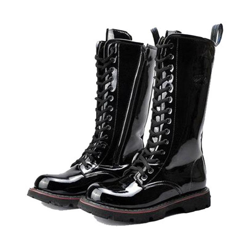 ロングブーツ メンズ ジョッキーブーツ 編み上げ エナメル 乗馬靴 バイクブーツ レザー サイドジップ 厚底 防水