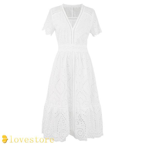 特価ブランド レディース かわいい 女の子 透かし彫り 刺繍 森ガール 細身 スリム 優しい クラシック ロング丈 Vネック 夏 ワンピース ドレス ワンピース カラー ホワイト Statelocksandkey Com