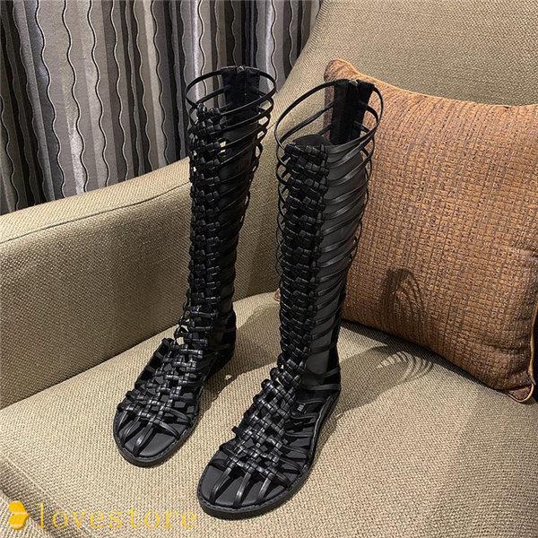 まとめ買い グラディエーターサンダル レディース 透かし彫り フラット 女性 長靴 サマーシューズ オープントゥ お洒落 屈曲 低反発 歩きやすい その他ブーツ カラー ブラック ロング Www Harmonylu Com
