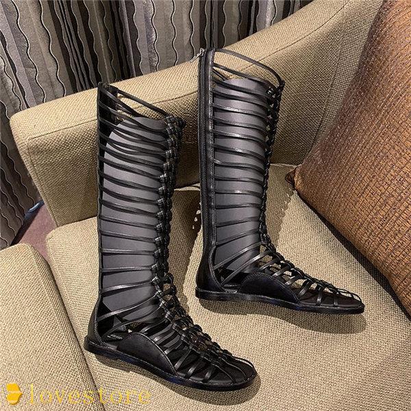 まとめ買い グラディエーターサンダル レディース 透かし彫り フラット 女性 長靴 サマーシューズ オープントゥ お洒落 屈曲 低反発 歩きやすい その他ブーツ カラー ブラック ロング Www Harmonylu Com