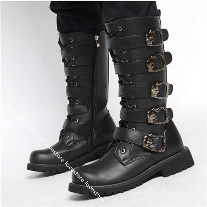 ロングブーツ ゴシック 編み上げ 厚底 メンズブーツ パンク 金属飾り