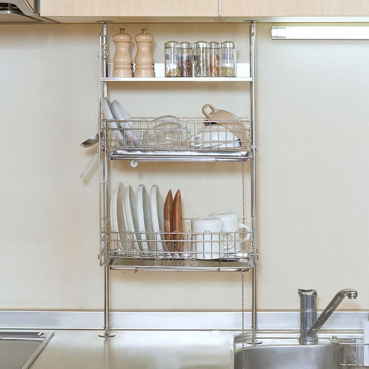 人気ブランド 水切り かご 突っ張り ラック シンク上 突っ張り棒 キッチン収納 ステンレス 幅45 5cm バスケット トレー 2段 伸縮 日本製 省スペース ロウヤ Lowya 高速配送 Studiostodulky Cz